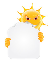 Evil Summer Sun Emoticon. Angry Sun Emoji with Cloud shape Banner Template. Isolated on white background.