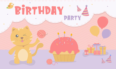The cat plays the ball to prepare to celebrate the birthday party. There are cupcakes, gifts, colorful decorations.Vector Illustration.Party invitation card.Birthday party set cartoon animal.