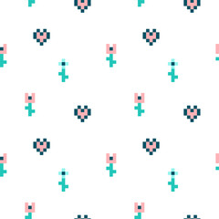 Pixel flowers and hearts. Seamless pattern on a white background. For fabric, children's clothing, and more