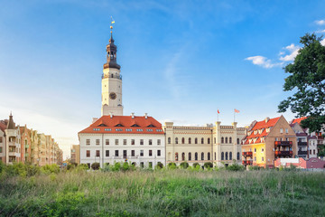 Fototapeta na wymiar Glogow, Lower Silesia, Poland. Historic Town Hall building with clock tower