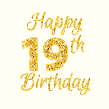 Happy birthday 19th glitter greeting card. Clipart image isolated on white background