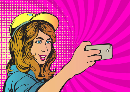 Beautiful young women taking selfie photo on smartphone in social networks media. Pop art vector illustration. Image separated from the background

