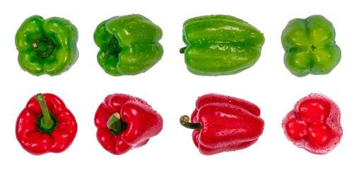 Green and red bell peppers isolated on white background, front, side and back view. Fresh vegetable with water drops, macro photography