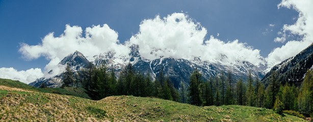 Panorama of the Alpine mountains in the clouds.