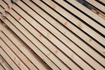 Wood and Sawmill. Large round logs harvested for construction.