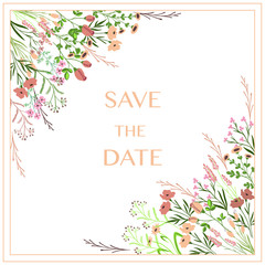 square card with wild hand drawn elegant flowers in the opposite corners and a text " Save the Date" in the middle - soft fading pastel colors - flat vector illustration