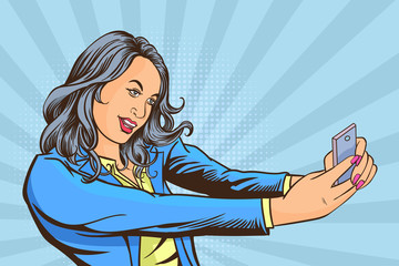 Beautiful young women taking selfie photo on smart phone in social networks media. Pop art vector illustration.images separated from the background
