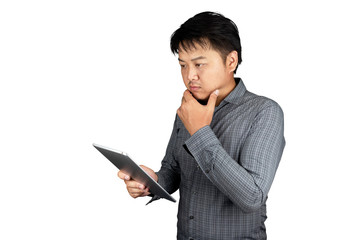 Portrait male asia thailand handsome office worker Wear striped shirt hand holding the tablet thinking of work problems strain and unhappiness feeling isolated on a white background,Clipping path
