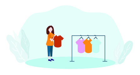 The girl in the store chooses clothes. Vector illustration.