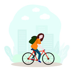 Girl with a backpack on a bicycle. Vector illustration.