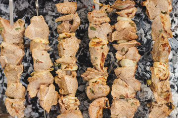 Spring fried meat pork barbecue on the skewer. A lot of smoke and hot coals. Some dust particles flying over the bonfire flame. Top view. Six rows pattern texture