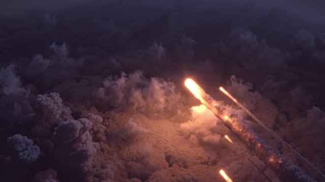 Meteors flying over the clouds