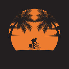 A man of riding bicycles on the beach of sunset background