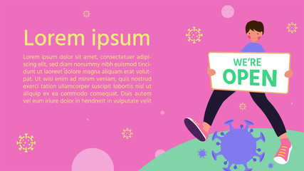 Young man cartoon character hold open sign.	