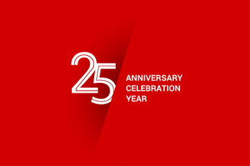 25 years anniversary, minimalist logo jubilee, greeting card. Birthday invitation. White space vector illustration on Red background - Vector