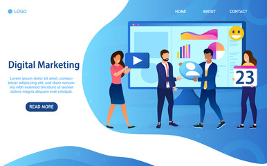 Digital Marketing Concept. Experts place icons on the monitor screen to improve efficiency. Advertising and promotion on social networks. Posting strategy and attracting new customers. Flat Vector