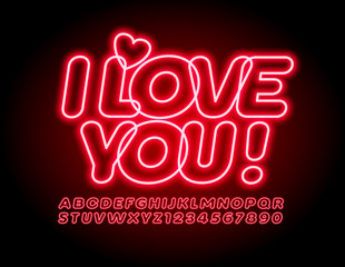 Vector greeting card I Love You! Neon glowing Font. Red Illuminated Alphabet Letters and Numbers set