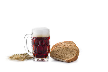 Traditional kvass beer mug with rye bread isolated on white background.Copy space
