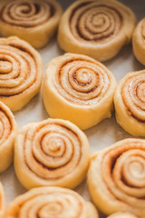 Delicious homemade raw cinnamon rolls bun dough in rectangle shaped baking tray on the white baking paper. Top view. Interesting pattern