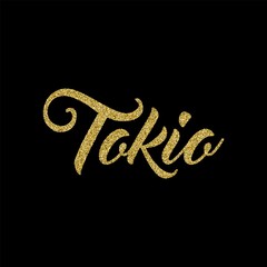 Tokyo city name calligraphy text with golden glitter particles on black background