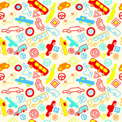 seamless pattern, children's drawings of colorful cars and road signs