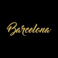 Barcelona city name calligraphy text with golden glitter particles on black background