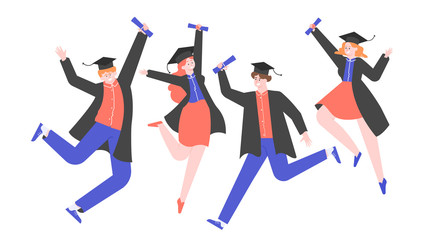Joyful graduates in academic hats and robes with diplomas in their hands. People are jumping. Students graduated from university, college, courses. Vector flat illustration.