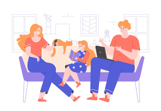 The family is sitting on the couch together. Mom in a social network with a phone, dad works on a laptop, daughter reads a book. Vector flat illustration.
