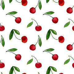 Cherry ripe red marsala watercolor seamless pattern. Endless print for textile, clothes, fashion fabric, linens, dress, cover, wallpaper. Hand painted art in modern trendy style.