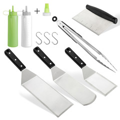 Barbecue and grill tools set on White Background, spatula blade scraper bottle tongs hook