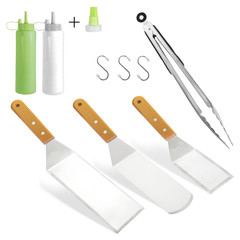 Barbecue and grill tools set on White Background, spatula blade scraper bottle tongs hook