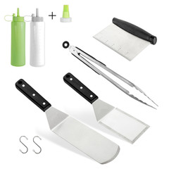 Barbecue and grill tools set on White Background, spatula blade scraper bottle tongs hook