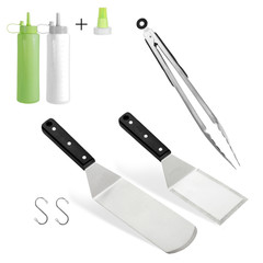 Barbecue and grill tools set on White Background, spatula blade scraper bottle tongs hook