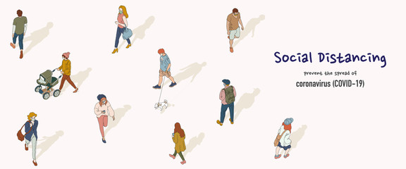 Vector banner of social distancing concept. People keep the distance from each other in public to protect from COVID-19. Hand-drawn style illustration.