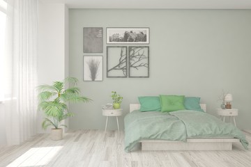White bedroom interior. Scandinavian design. 3D illustration