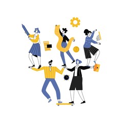 Balancing Teamwork Concept, business team helping each other to success,for landing page. good balance between idea, time and work.creative metaphor time is money. Flat style vector illustration