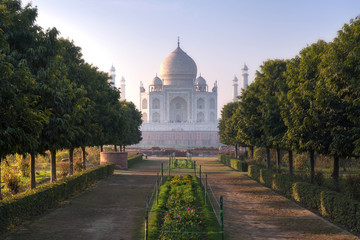 Taj Mahal is a UNESCO World heritage site and one of 7th Wonder of the World.view from Mehtab Bagh opposite bank of Yamuna river, in Agra city, Uttar Pradesh, India