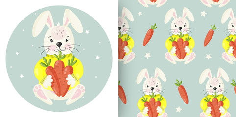 Cute Rabbit cartoon character with carrots.Happy Easter Bunny  Vector illustration.