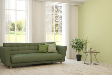 White living room with sofa and summer landscape in window. Scandinavian interior design. 3D illustration