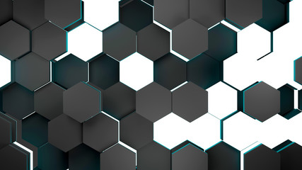 3D Rendering. Futuristic surface with emission blue of black hexagonal abstract background. A rough surface polygon pattern like honeycomb. Polygon is not in the same position. Abstract and technology