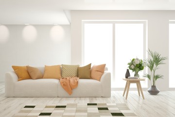 White living room with sofa. Scandinavian interior design. 3D illustration