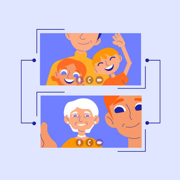 Keep In Touch (flat Vector Line Banner, Poster). The Family Have Video Call With Grandmother