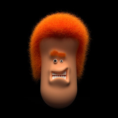 3d render of abstract angry cartoon character with big head in cylinder shape with curly orange hairs and eyebrows with no cemetery eyes and big told white teeth on black background   
