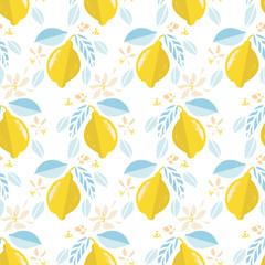 Vector tropical modern citrus lemon repeating pattern. Hand drawn bright textured citrus fruit pattern with leaf and bud on white background. Classy simple summer backdrop.