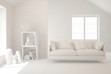 White minimalist living room with sofa. Scandinavian interior design. 3D illustration