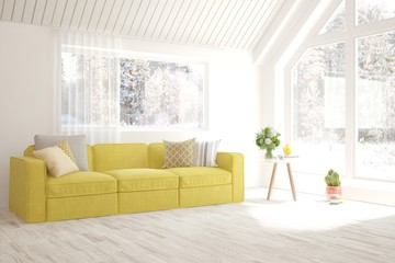 White living room with yellow sofa and winter landscape in window. Scandinavian interior design. 3D illustration