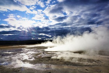 Sun breaks through clouds in Yellowstone National Park