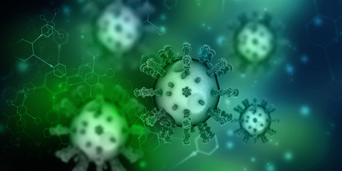 3d render Corona virus disease COVID-19. Microscopic view of a infectious virus