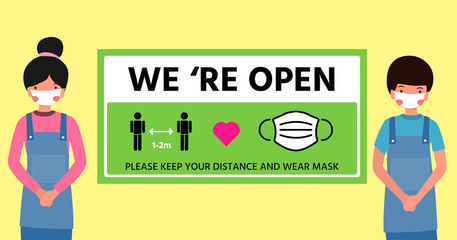 Restart business concept,After Coronavirus outbreak,New normal lifestyle,New way of life,we're open lettering sign and say detail about social distancing and wear mask ,Cute character wear mask