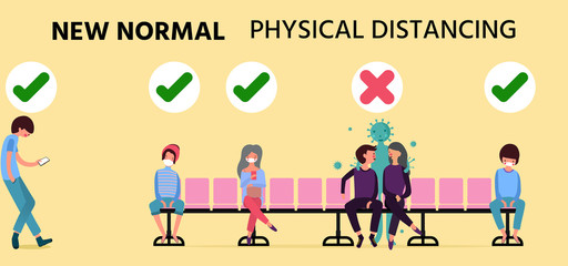 New normal concept and physical distancing,people use public area keep distance and wearing face mask prevention from disease,New normal after COVID-19 disease outbreak,vector illustration for graphic